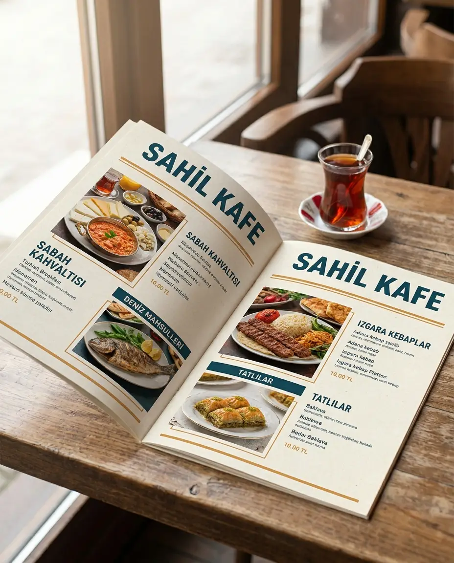 Sahil Kafe için baskıya hazır, fotoğraflı açık menü kitapçığı; krem kağıt, petrol-navy başlıklar ve amber vurgular.