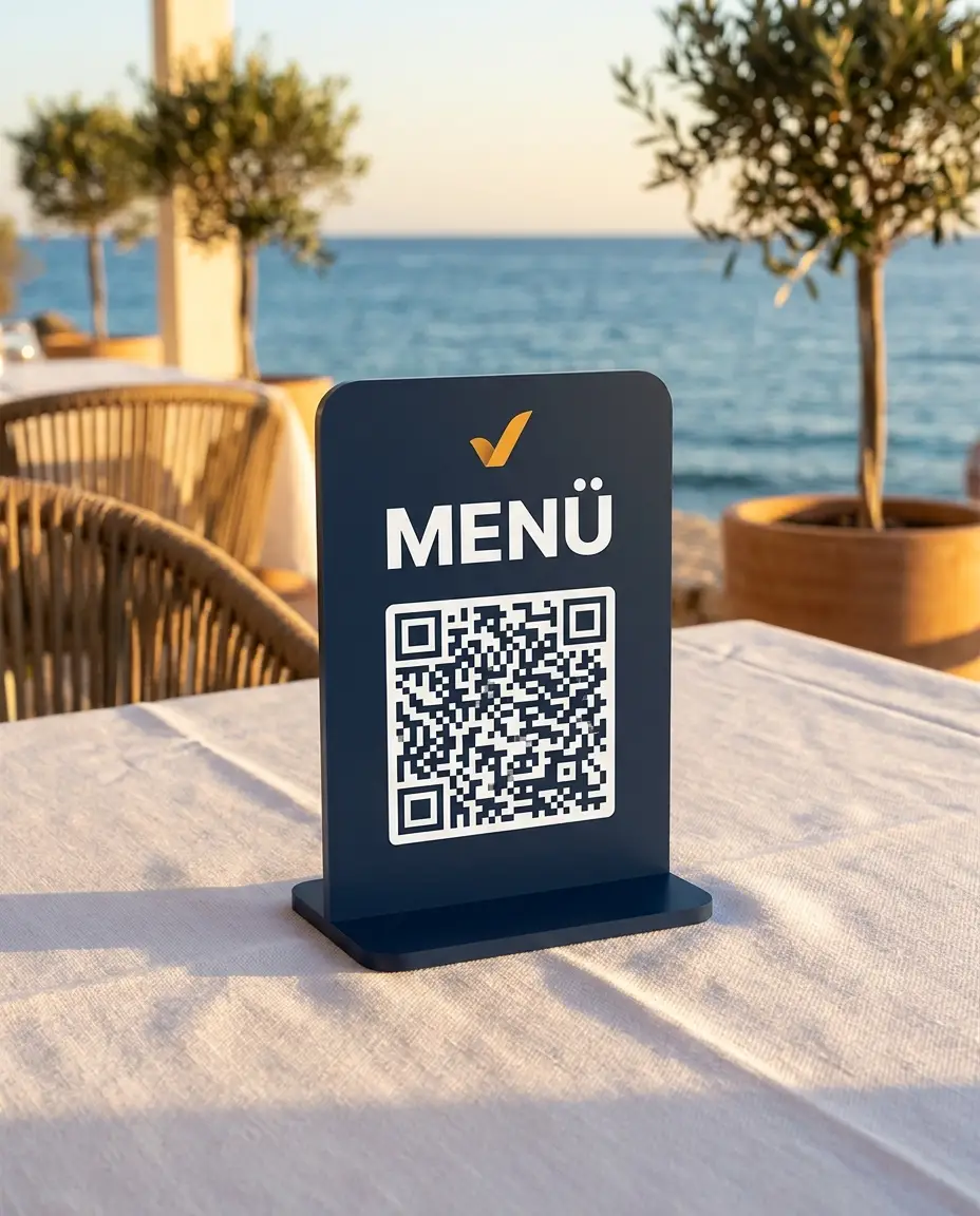 Masaüstü navy akrilik QR kod standı; üstte amber onay işareti ve beyaz 'MENÜ' yazısı, deniz manzaralı terasta.